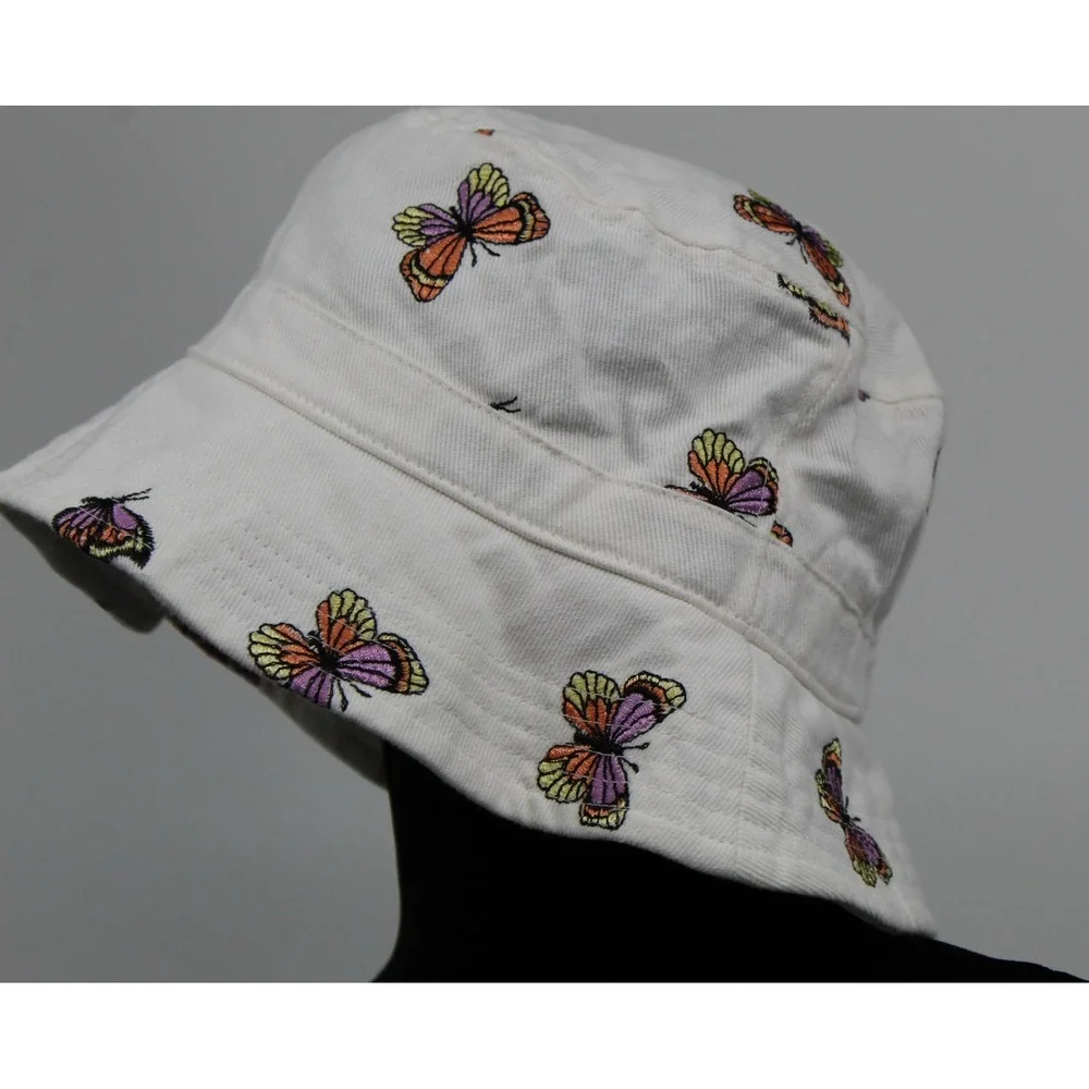 American Eagle White Colorful Butterfly Embroidered Bucket Hat Cotton One Size